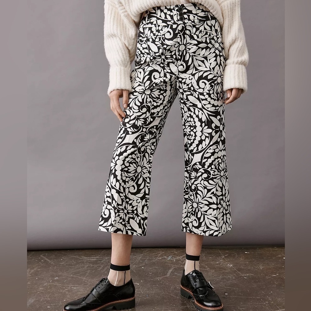 Anthropologie Maeve Olive Black White Floral Cropped Flare Pants